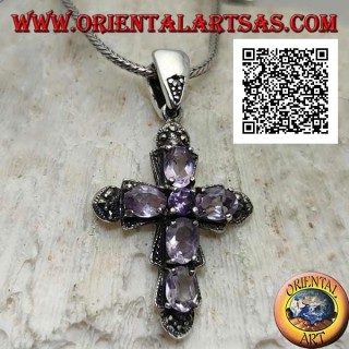 Pendentif en argent en forme de croix avec 5 ovales et 1 améthyste centrale et marcassite autour