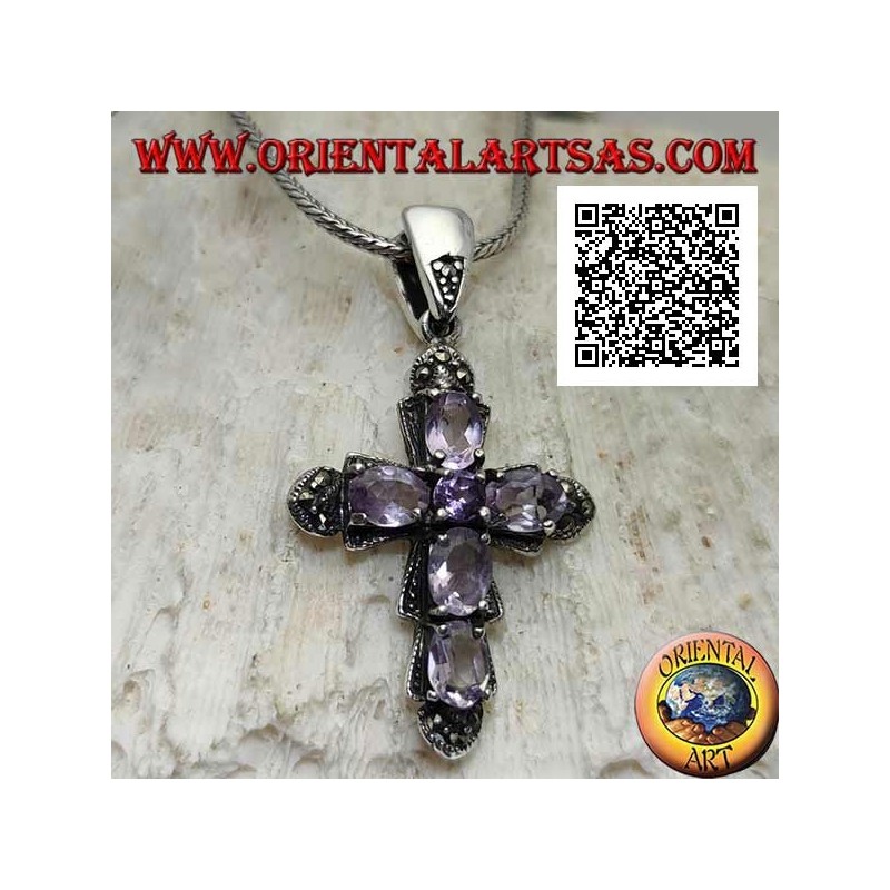 Ciondolo in argento a forma di croce con 5 ametista ovali e 1 centrale e marcassite intorno