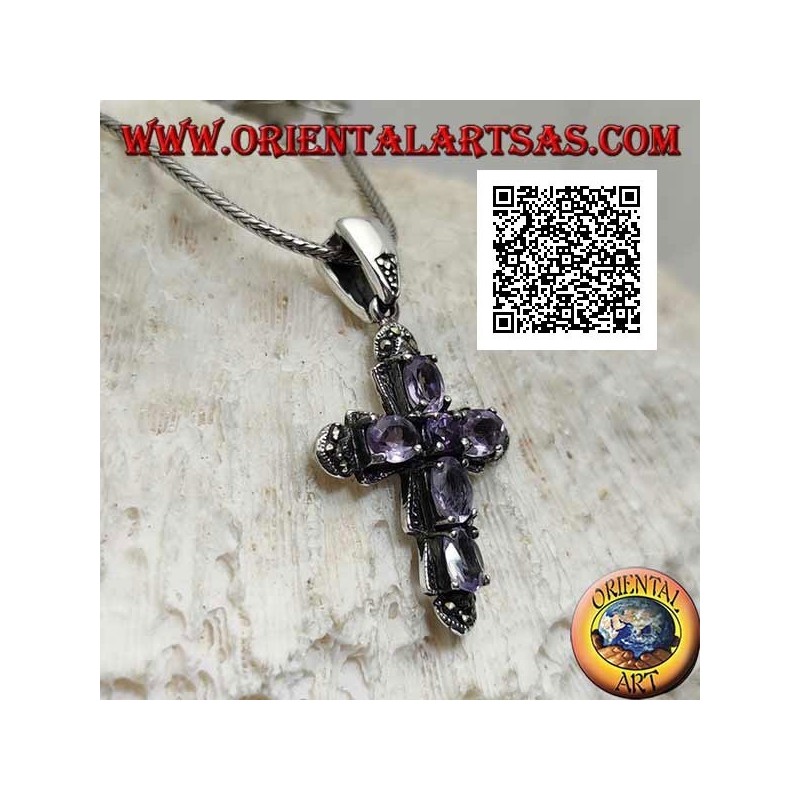 Ciondolo in argento a forma di croce con 5 ametista ovali e 1 centrale e marcassite intorno