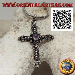 Silver pendant in the shape of an orthodox cross with central oval amethyst and decoration with balls