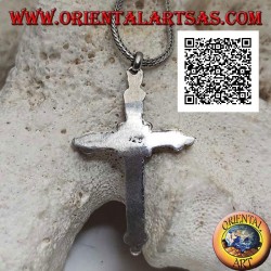 Silberanhänger in Form eines orthodoxen Kreuzes mit zentralem ovalem Amethyst und Verzierung mit Kugeln