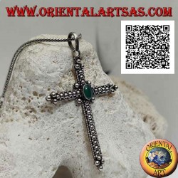 Silver pendant, orthodox cross with central oval green agate and ball decoration