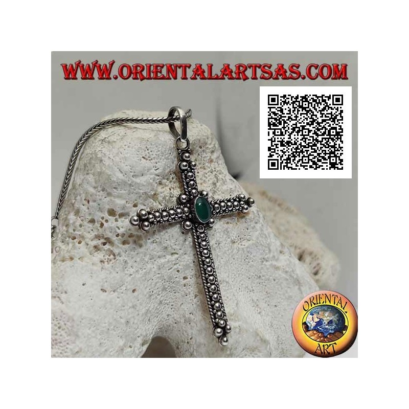 Silver pendant, orthodox cross with central oval green agate and ball decoration