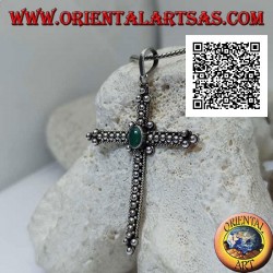 Silver pendant, orthodox cross with central oval green agate and ball decoration