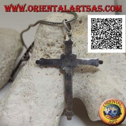 Silver pendant, orthodox cross with central oval green agate and ball decoration
