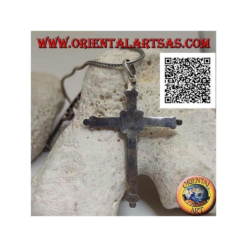 Silver pendant, orthodox cross with central oval green agate and ball decoration