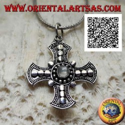Silver pendant, Canterbury cross with central round moonstone and disk decoration
