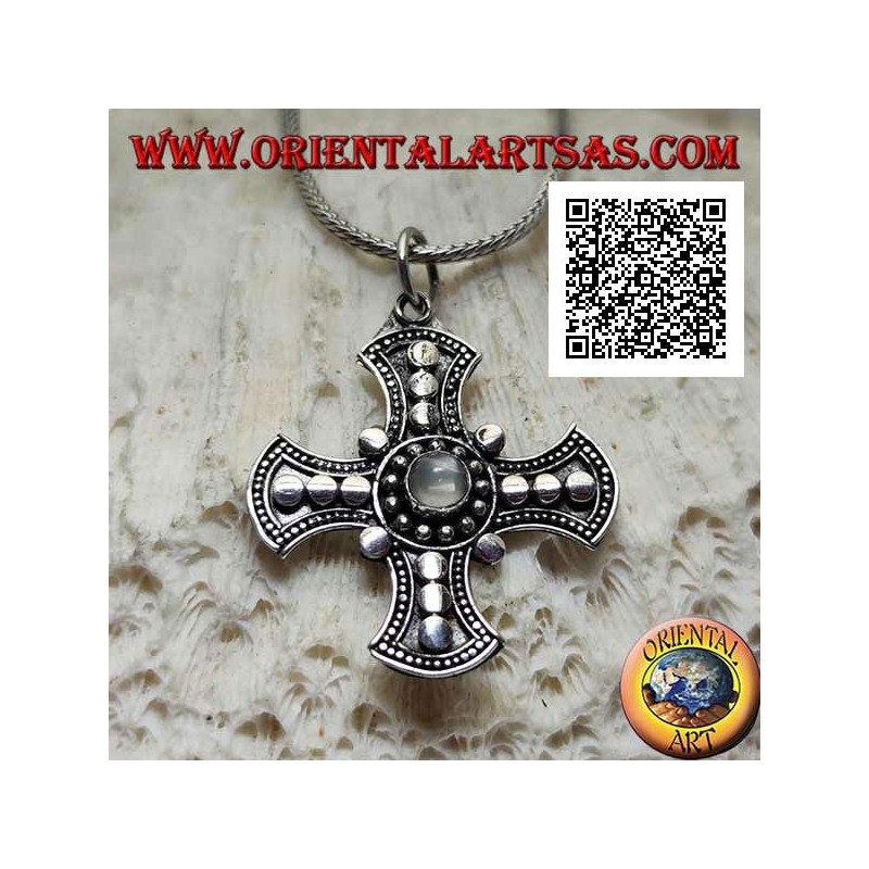 Silver pendant, Canterbury cross with central round moonstone and disk decoration