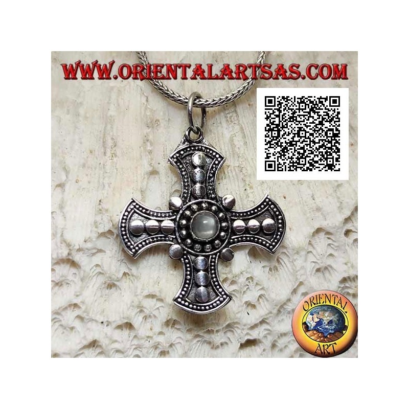 Silver pendant, Canterbury cross with central round moonstone and disk decoration