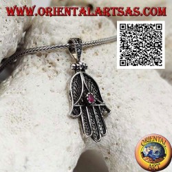 Silver pendant Hand of Fatima with perforated ethnic decoration and set ruby-colored zircon (oxidized)