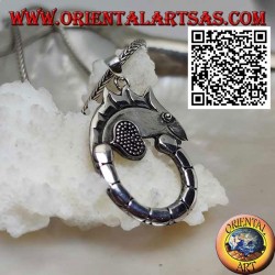 Silver pendant in the shape of a chameleon with a long circle tail