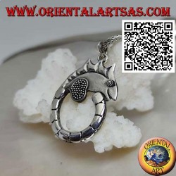 Silver pendant in the shape of a chameleon with a long circle tail
