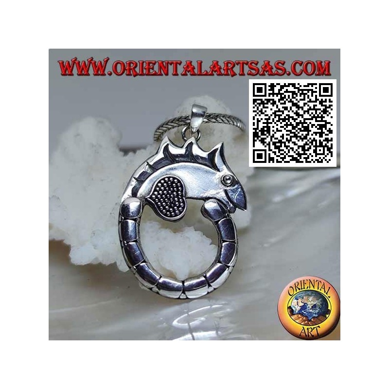 Silver pendant in the shape of a chameleon with a long circle tail