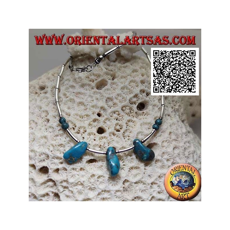 Collana in argento 925 ‰ a girocollo, tubicini in argento infilati e frammenti di turchesi tibetano antico