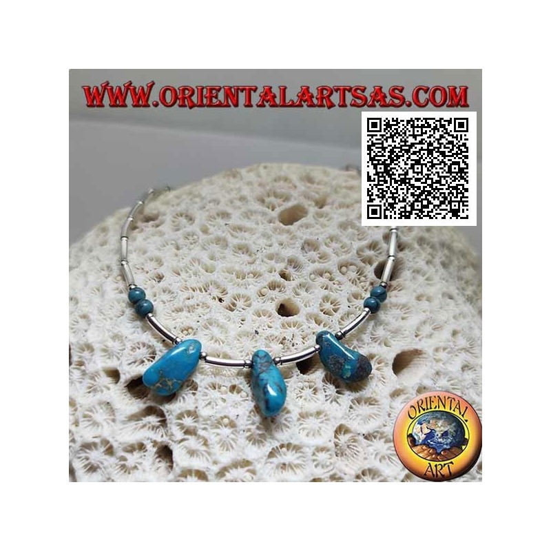 925 ‰ silver choker necklace, strung silver tubes and fragments of ancient Tibetan turquoise