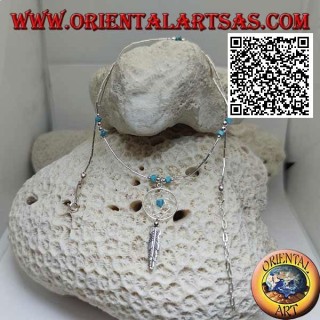 925 ‰ silver choker necklace, threaded tubes and fragments of turquoise with dream catcher and feather
