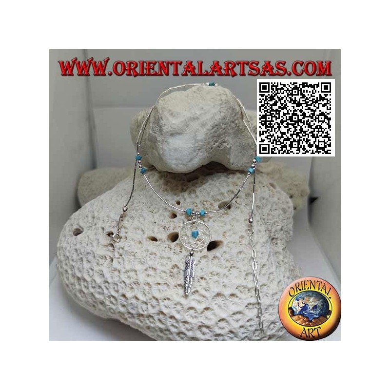 Collana in argento 925 ‰ a girocollo, tubicini infilati e frammenti di turchesi con acchiapasogni e piuma