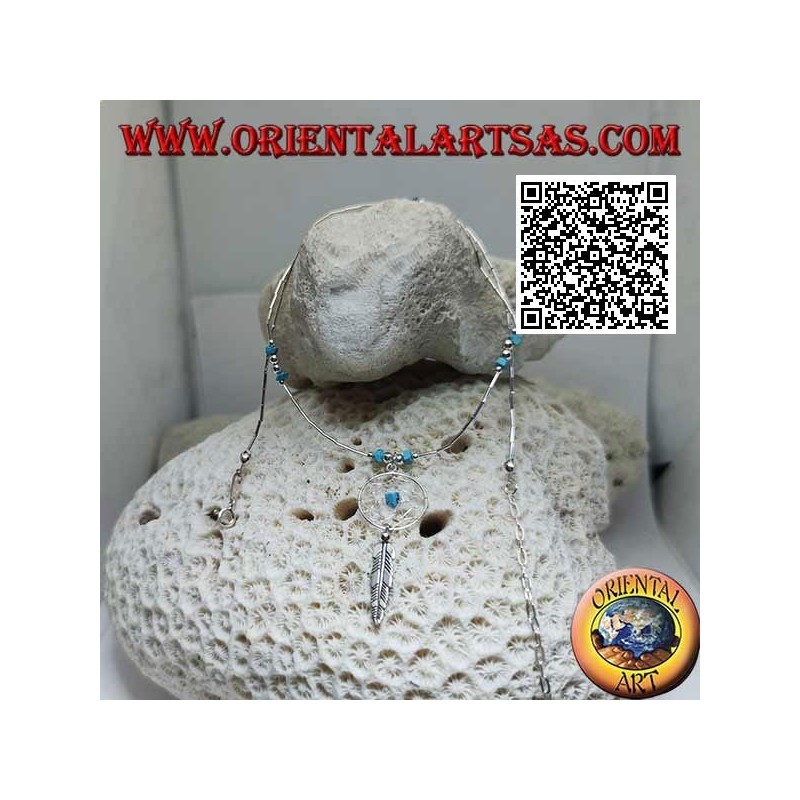Gargantilla de plata 925 ‰, tubos roscados y fragmentos de turquesa con atrapasueños y pluma