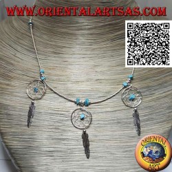 925 ‰ silver choker necklace, threaded tubes and fragments of turquoise with 3 dream catchers and feather