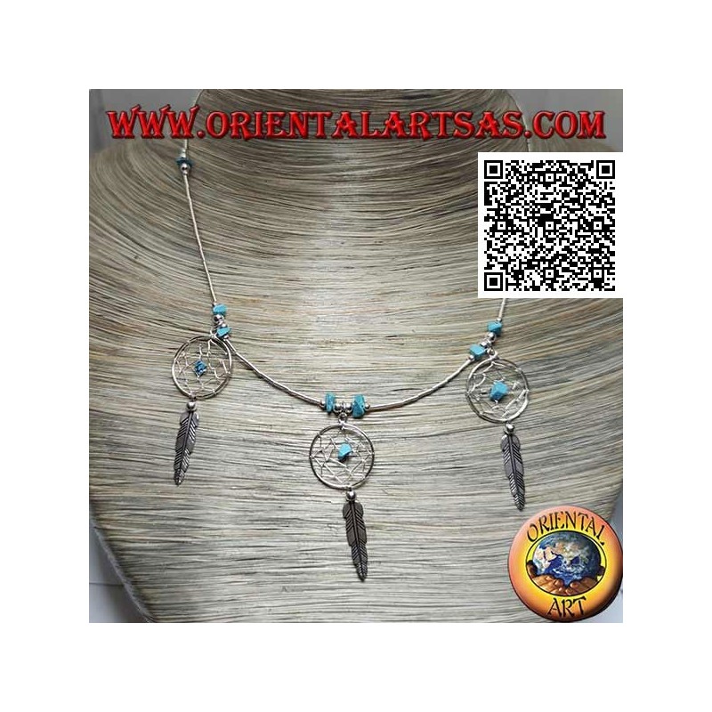 925 ‰ Silber Choker Halskette, Gewinderohre und Fragmente von Türkis mit 3 Traumfängern und Federn