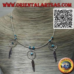 925 ‰ silver choker necklace, threaded tubes and fragments of turquoise with 3 dream catchers and feather
