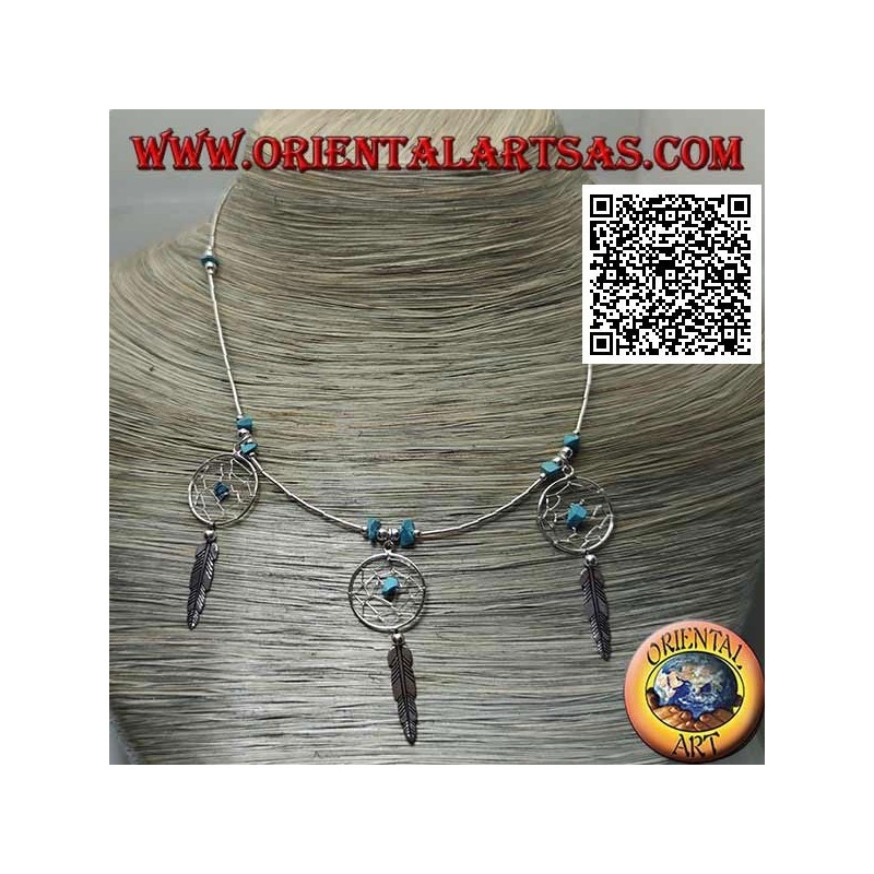 925 ‰ Silber Choker Halskette, Gewinderohre und Fragmente von Türkis mit 3 Traumfängern und Federn