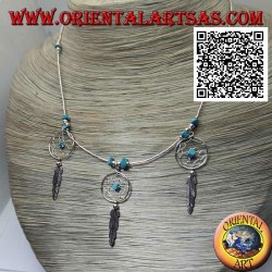 925 ‰ Silber Choker Halskette, Gewinderohre und Fragmente von Türkis mit 3 Traumfängern und Federn