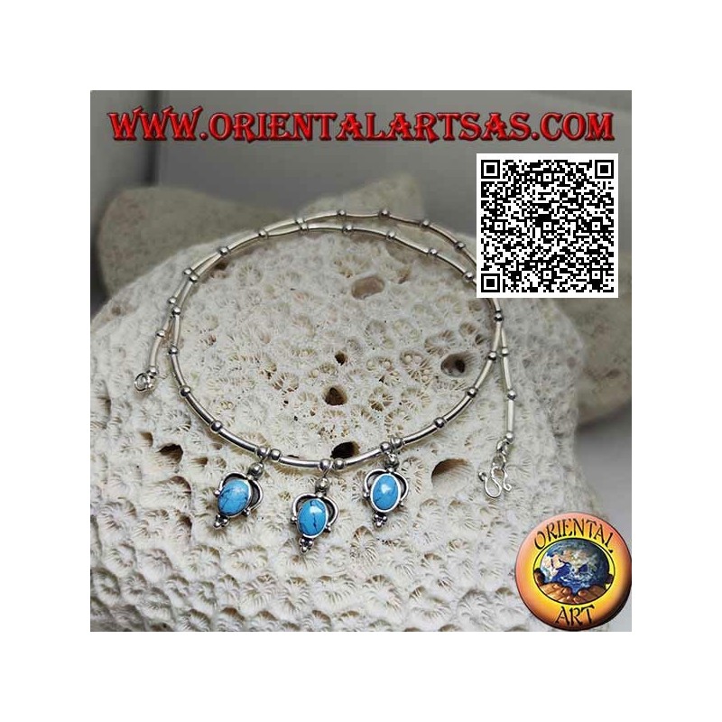 Gargantilla de plata 925 ‰, tubos y bolas ensartados con 3 colgantes ovalados de turquesa