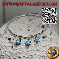 Necklace in 925 ‰ silver with choker, tubes and balls strung with 3 oval turquoise pendants