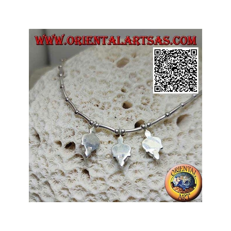 Necklace in 925 ‰ silver with choker, tubes and balls strung with 3 oval turquoise pendants