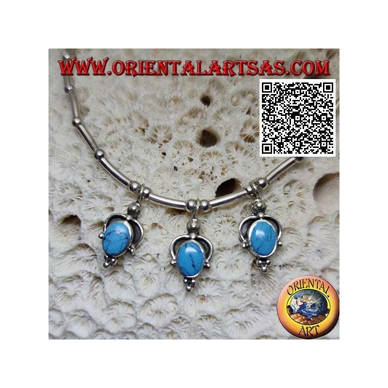 Collier en argent 925 ‰ avec tour de cou, tubes et boules enfilées avec 3 pendentifs ovales turquoise