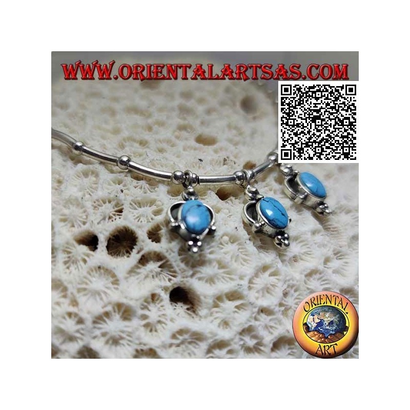 Collier en argent 925 ‰ avec tour de cou, tubes et boules enfilées avec 3 pendentifs ovales turquoise