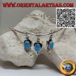 Necklace in 925 ‰ silver with choker, tubes and balls strung with 3 oval turquoise pendants