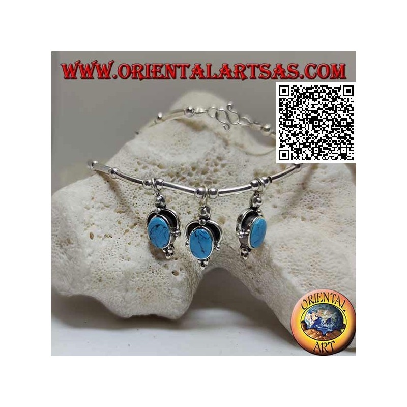Collier en argent 925 ‰ avec tour de cou, tubes et boules enfilées avec 3 pendentifs ovales turquoise