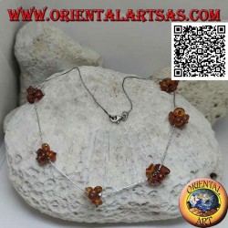 925 ‰ silver choker necklace, strung silver tubes and 6 small groups of amber