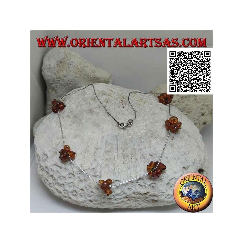 925 ‰ silver choker necklace, strung silver tubes and 6 small groups of amber