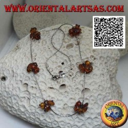 925 ‰ silver choker necklace, strung silver tubes and 6 small groups of amber