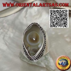 Anillo de plata con ágata ojo de Shiva beige con lanzadera y borde de cadena en engaste liso