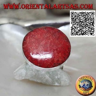Anello in argento con madrepora rossa (corallo) tonda su montatura liscia regolabile (freesize)