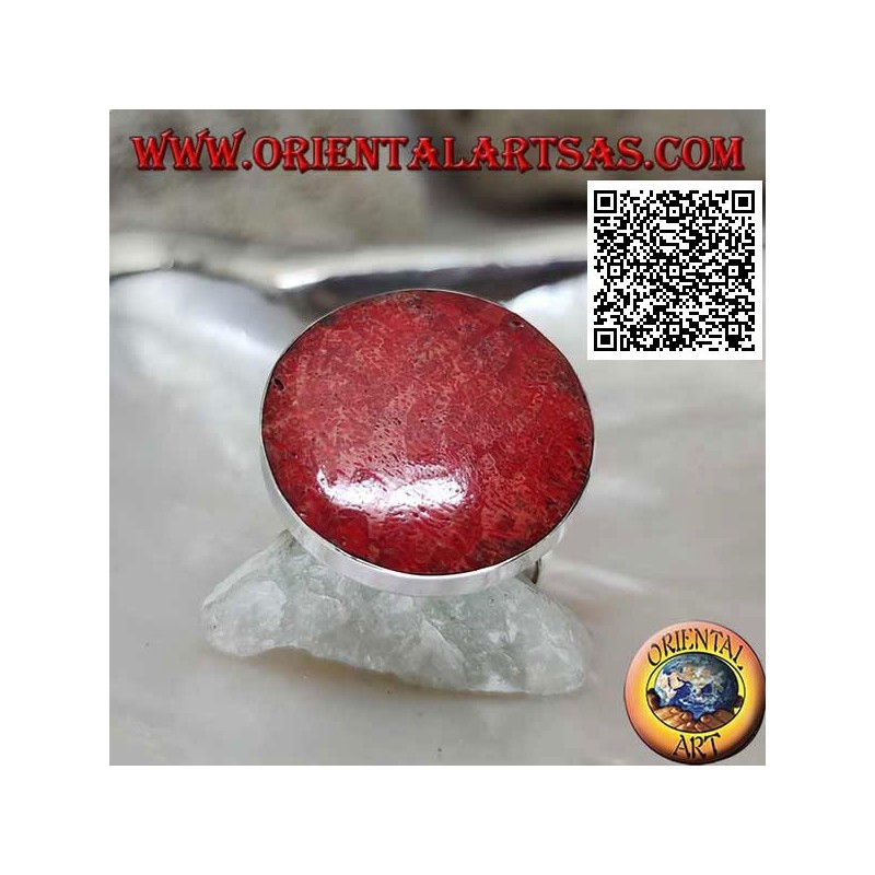 Bague en argent avec madrepora ronde rouge (corail) sur monture réglable lisse (taille libre)