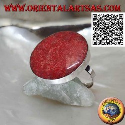 Anillo de plata con madrepora roja redonda (coral) en engaste suave ajustable (tamaño libre)