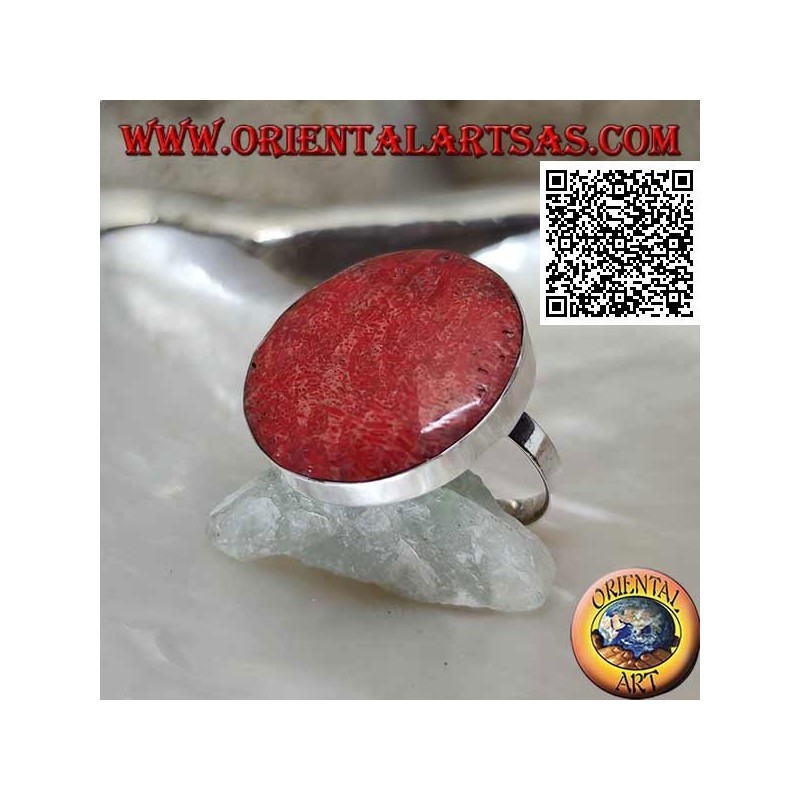 Anillo de plata con madrepora roja redonda (coral) en engaste suave ajustable (tamaño libre)