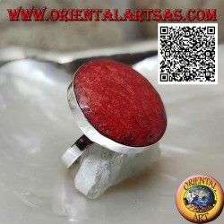 Anillo de plata con madrepora roja redonda (coral) en engaste suave ajustable (tamaño libre)