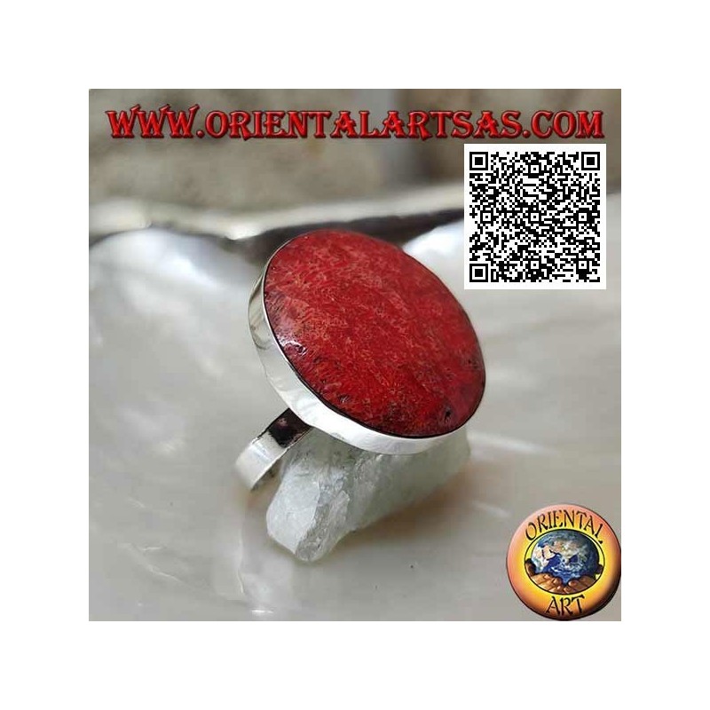 Silberring mit runder roter Madrepora (Koralle) auf glatt einstellbarer Einstellung (Freesize)