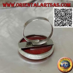 Silver ring with round red madrepora (coral) on smooth adjustable setting (freesize)