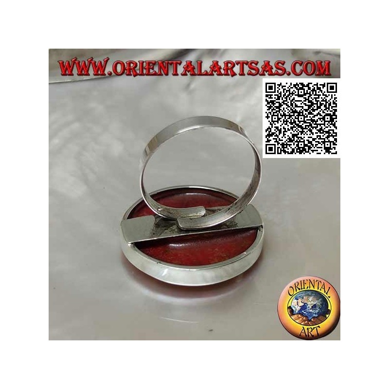 Silver ring with round red madrepora (coral) on smooth adjustable setting (freesize)
