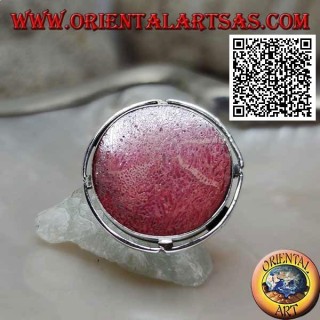 Anello in argento con madrepora rossa (corallo) tonda nel disco traforato regolabile (freesize)