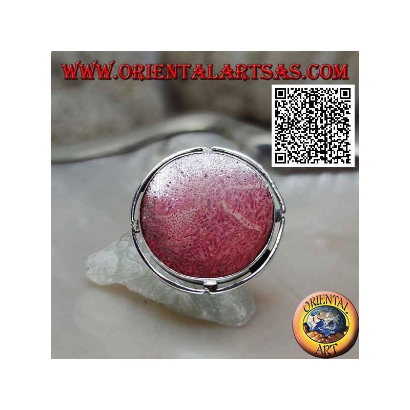 Silver ring with round red madrepora (coral) in the adjustable openwork disc (freesize)