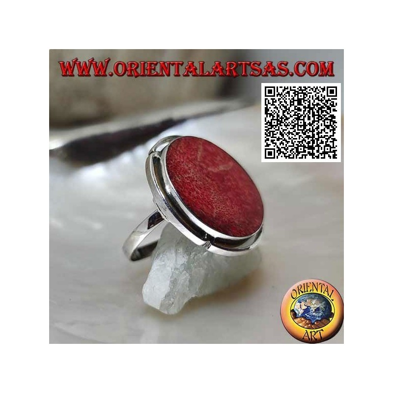 Anello in argento con madrepora rossa (corallo) tonda nel disco traforato regolabile (freesize)