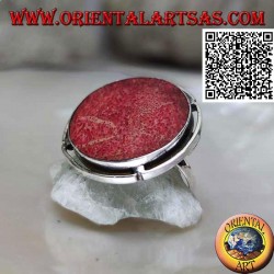 Silver ring with round red madrepora (coral) in the adjustable openwork disc (freesize)